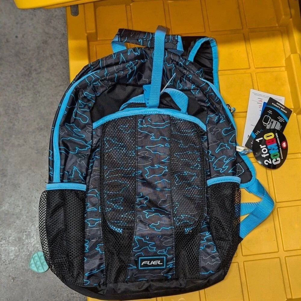 NWT Kids Backpack & Lunch Bag Set‎ Blue Black Camo School Travel Bookbag